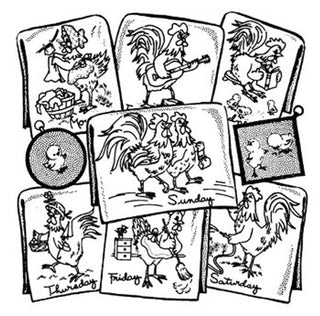 Aunt Martha’s 3753 Barnyard Happenings vintage embroidery transfer pattern with days of the week farm animal designs on an 18x24 iron-on sheet