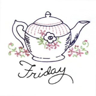 Aunt Martha’s 3764 Fine Chinaware vintage embroidery transfer pattern with days of the week china and teacup designs on an 18x24 iron-on sheet