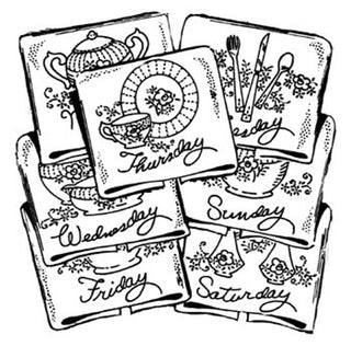 Aunt Martha’s 3764 Fine Chinaware vintage embroidery transfer pattern with days of the week china and teacup designs on an 18x24 iron-on sheet