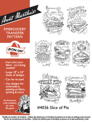 Aunt Martha’s #4036 Slice of Pie iron-on embroidery transfer pattern with vintage pie designs for kitchen towels