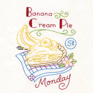 Aunt Martha’s #4036 Slice of Pie iron-on embroidery transfer pattern with vintage pie designs for kitchen towels
