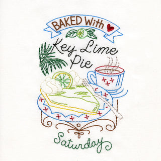 Aunt Martha’s #4036 Slice of Pie iron-on embroidery transfer pattern with vintage pie designs for kitchen towels