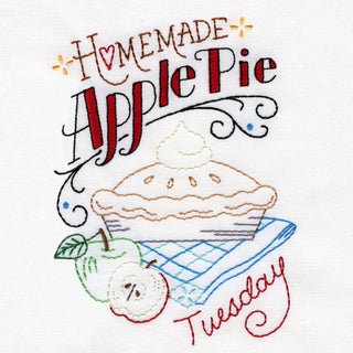 Aunt Martha’s #4036 Slice of Pie iron-on embroidery transfer pattern with vintage pie designs for kitchen towels