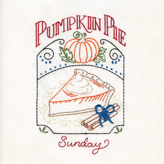 Aunt Martha’s #4036 Slice of Pie iron-on embroidery transfer pattern with vintage pie designs for kitchen towels