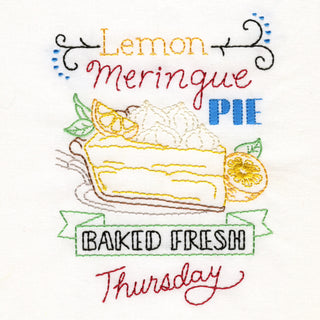 Aunt Martha’s #4036 Slice of Pie iron-on embroidery transfer pattern with vintage pie designs for kitchen towels