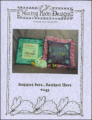 A cross stitch pattern book cover featuring a green fabric with white text and a white bunny design, along with a completed pillow with a green fabric and a white bunny design.