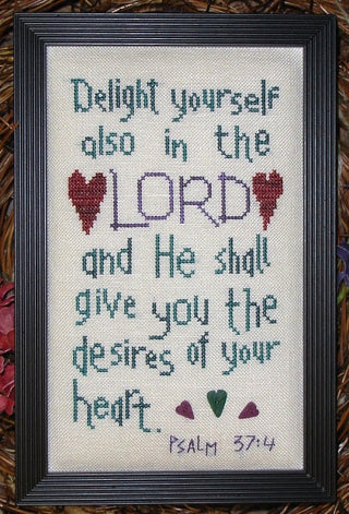 Psalm 37:4 cross stitch pattern with decorative hearts and handwritten-style lettering by My Big Toe Designs.