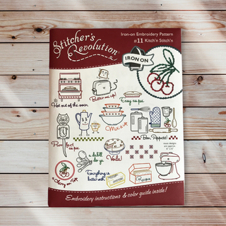Stitcher’s Revolution SR11 Kitch’n Stitch’n iron-on embroidery transfer pattern featuring retro kitchen and baking themed designs