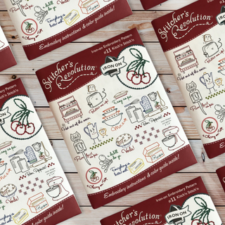 Stitcher’s Revolution SR11 Kitch’n Stitch’n iron-on embroidery transfer pattern featuring retro kitchen and baking themed designs