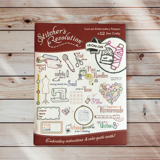 Stitcher’s Revolution SR12 Sew Crafty iron-on embroidery transfer pattern featuring sewing and crafting themed designs