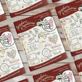 Stitcher’s Revolution SR12 Sew Crafty iron-on embroidery transfer pattern featuring sewing and crafting themed designs