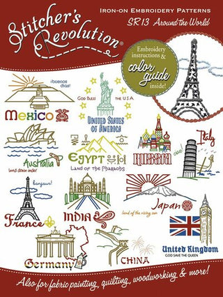 Stitcher’s Revolution SR13 Around the World iron-on embroidery transfer pattern featuring international landmarks and travel themed designs