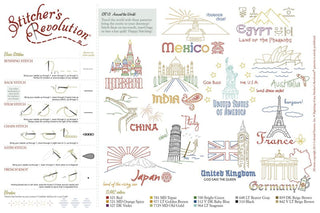 Stitcher’s Revolution SR13 Around the World iron-on embroidery transfer pattern featuring international landmarks and travel themed designs