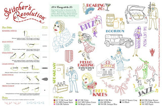 Stitcher’s Revolution SR14 Roaring 20s iron-on embroidery transfer pattern featuring 1920s flapper and jazz themed designs