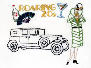 Stitcher’s Revolution SR14 Roaring 20s iron-on embroidery transfer pattern featuring 1920s flapper and jazz themed designs