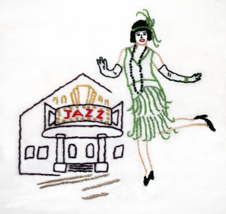 Stitcher’s Revolution SR14 Roaring 20s iron-on embroidery transfer pattern featuring 1920s flapper and jazz themed designs