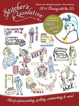 Stitcher’s Revolution SR14 Roaring 20s iron-on embroidery transfer pattern featuring 1920s flapper and jazz themed designs