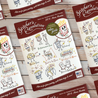 Stitcher’s Revolution SR15 Movie Munchies iron-on embroidery transfer pattern featuring popcorn, candy, and movie snack themed designs