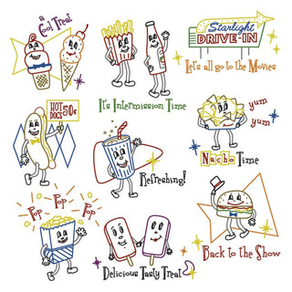 Stitcher’s Revolution SR15 Movie Munchies iron-on embroidery transfer pattern featuring popcorn, candy, and movie snack themed designs