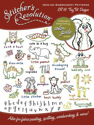 Stitcher’s Revolution SR16 Tiny Tot Designs iron-on embroidery transfer pattern with baby animals and alphabet motifs