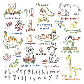 Stitcher’s Revolution SR16 Tiny Tot Designs iron-on embroidery transfer pattern with baby animals and alphabet motifs