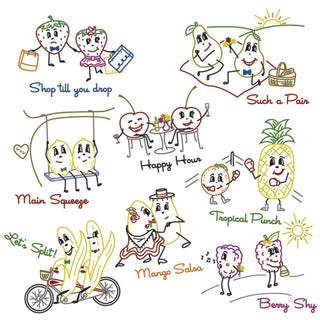 Stitcher’s Revolution SR18 Animated Fruity Fun iron-on embroidery transfer pattern with playful fruit and vegetable designs