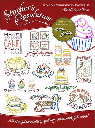 Stitcher’s Revolution SR20 Sweet Treats iron-on embroidery transfer pattern with cupcakes and dessert designs
