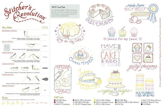 Stitch sweet kitchen designs with SR20 Sweet Treats by Stitcher’s Revolution®. Iron-on embroidery transfers featuring desserts, sayings, and DMC® color guide.