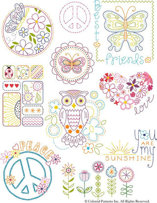 Stitcher’s Revolution SR24 Flower Power iron-on embroidery transfer pattern with flowers, butterflies, and peace sign motifs