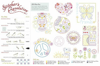 Stitcher’s Revolution SR24 Flower Power iron-on embroidery transfer pattern with flowers, butterflies, and peace sign motifs
