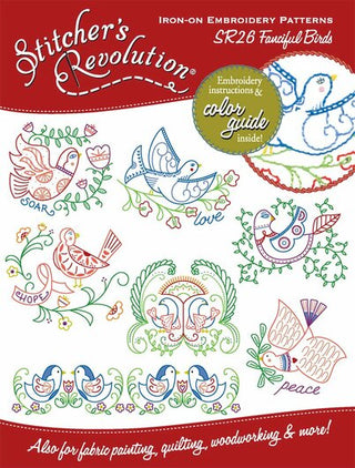 SR26 Fanciful Birds Stitcher’s Revolution iron-on embroidery transfer pattern with whimsical bird designs