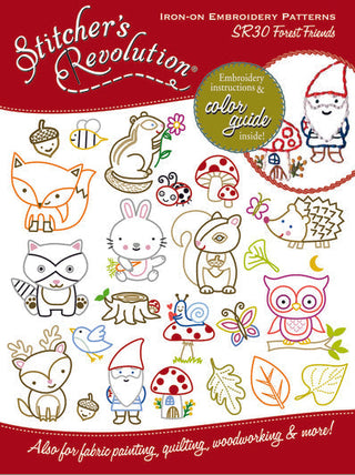 SR30 Forest Friends Stitcher’s Revolution iron-on embroidery transfer pattern with woodland animals and forest designs