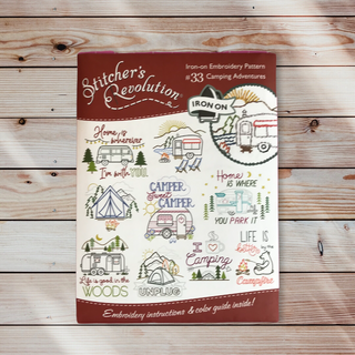 SR33 Camping Adventures Stitcher’s Revolution iron-on embroidery transfer pattern with camping and camper designs