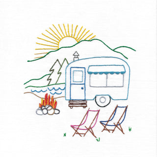 SR33 Camping Adventures Stitcher’s Revolution iron-on embroidery transfer pattern with camping and camper designs