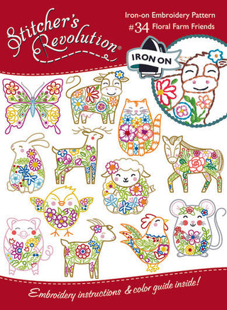 SR34 Floral Farm Friends Stitcher’s Revolution iron-on embroidery transfer pattern with floral farm animals