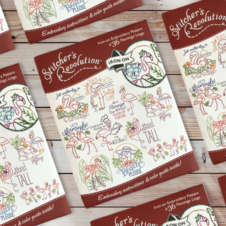 SR36 Flamingo Lingo Stitcher’s Revolution iron-on embroidery transfer pattern with flamingo designs