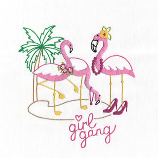 SR36 Flamingo Lingo Stitcher’s Revolution iron-on embroidery transfer pattern with flamingo designs