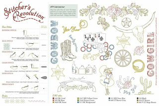 Stitcher’s Revolution SR9 Wild Wild West iron-on embroidery transfer pattern with Western motifs including boots, cowboy hats, roses, and sheriff badges