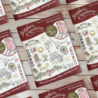 Stitcher’s Revolution SR9 Wild Wild West iron-on embroidery transfer pattern with Western motifs including boots, cowboy hats, roses, and sheriff badges