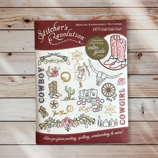 A pattern cover of 'Wild Wild West Iron-on Embroidery Transfer Pattern SR9' by Stitcher's Revolution, featuring a cowboy hat and boots design.