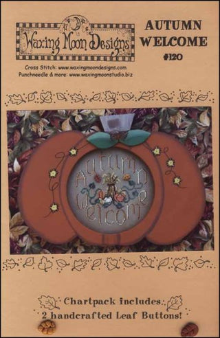 Cover of the Autumn Welcome Cross Stitch Pattern booklet showing a cross-stitch pattern of a pumpkin with leaf buttons, with a floral background.